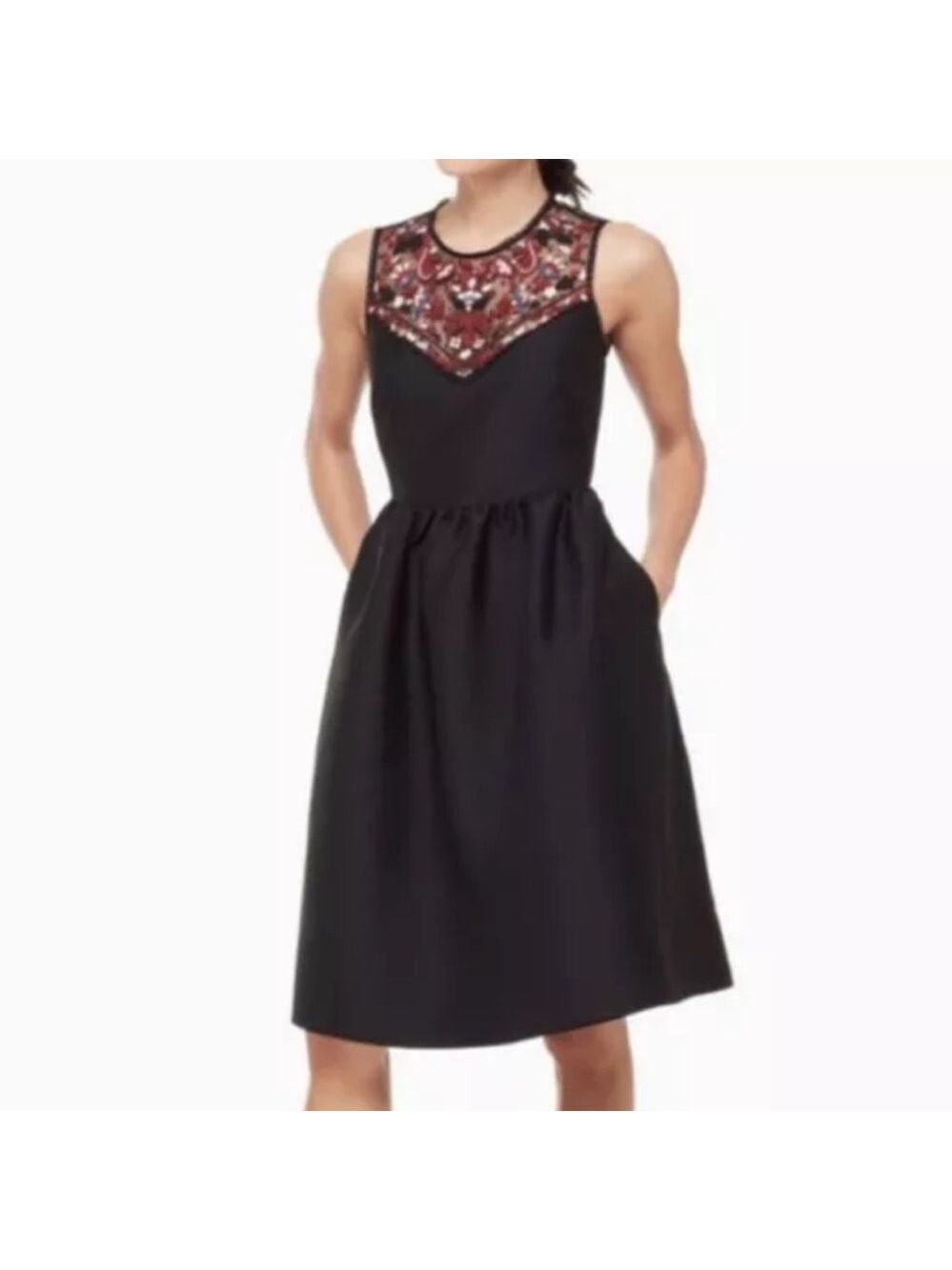 Kate Spade Embroidered Mikado Black Red Floral A Line Dress Size 2 NWOT